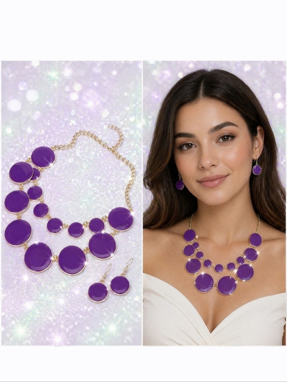 Gold-plated purple circle double chain necklace and earring set